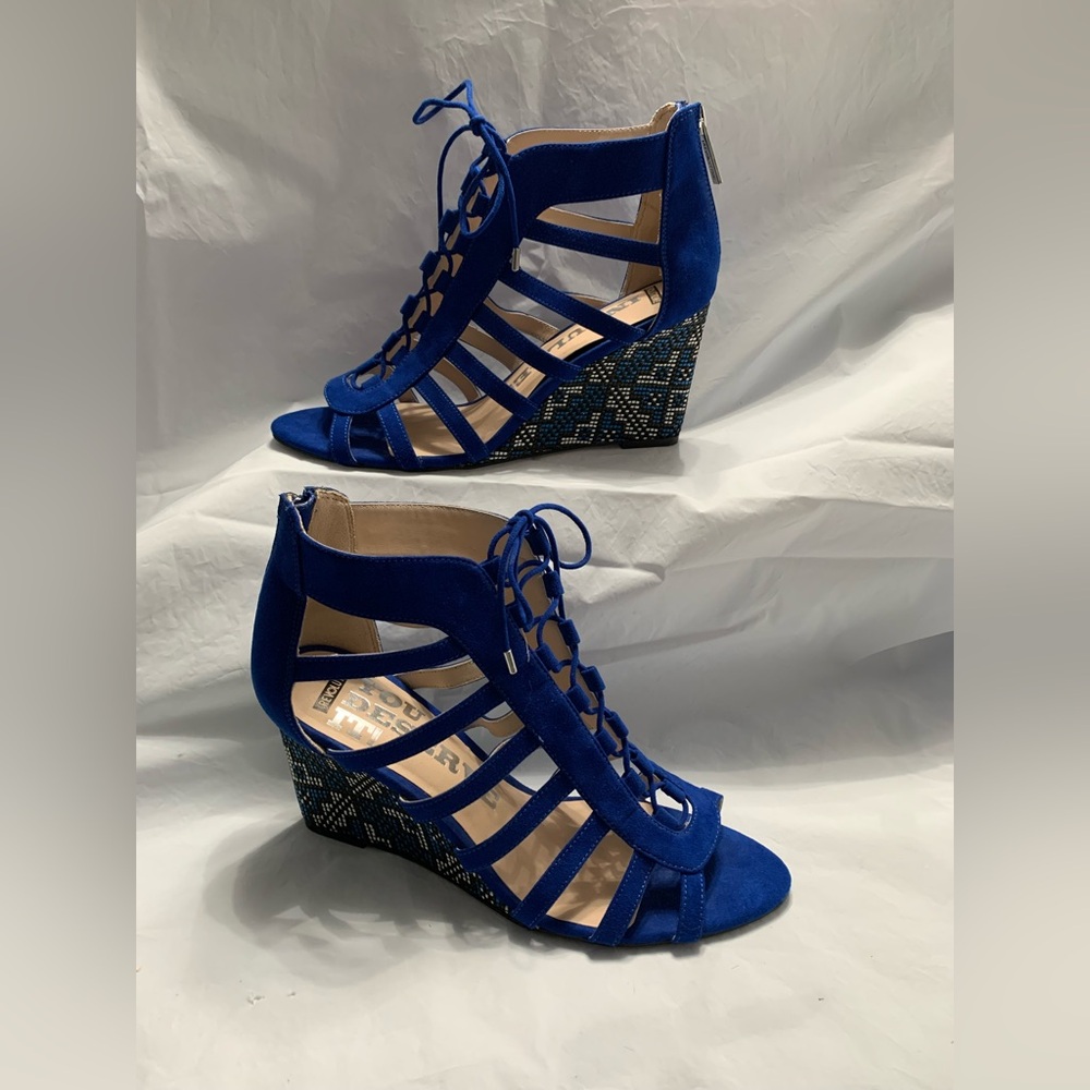 Blue Lace up Wedges with Black and White Wedge Heels
